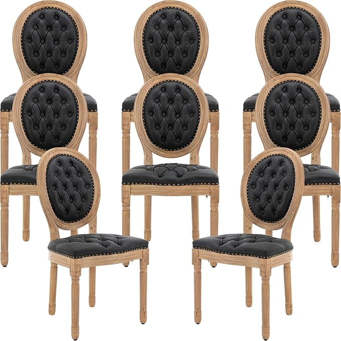 French Country Dining Chairs Set of 8, Black Upholstered Dining Chairs, PU Leather Tufted Back, Solid Wood Legs, Farmhouse Kitchen & Dining Room Chairs, Sillas De Comedor (Black, 8Pcs)