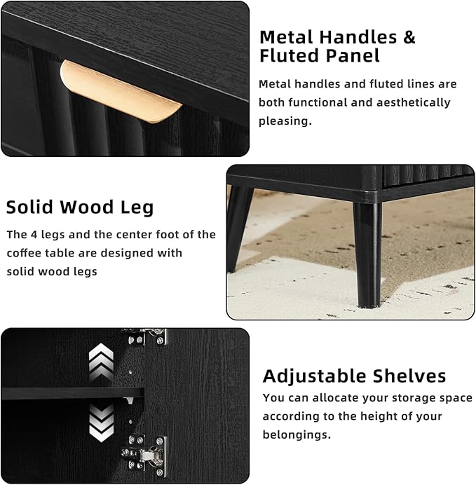 LEYAOYAO 48" Fluted Lift Top Coffee Table with Hidden Storage & Adjustable Shelves, Lifting Tabletop Large Rectangular Coffee Tables, Mid Century Modern Wood Center Table for Living Room,Black