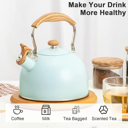 Whistling Stainless Steel Diamond Pattern Tea Kettle with Wood Grain Anti Heat Handle, Stainless Steel Cover Wood Grain Nylon Cover Top Tea Pot (Green)