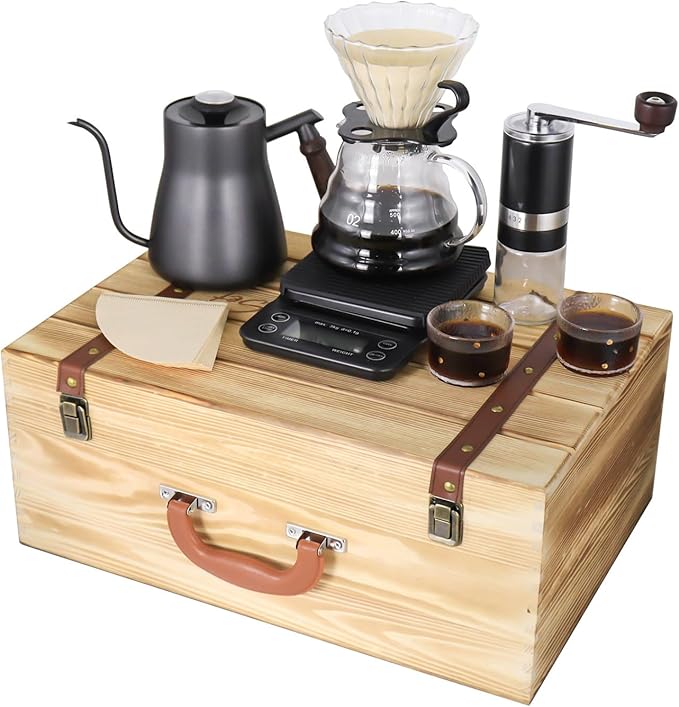 SOTECH Pour Over Manual Coffee Maker Set 2 Cup Coffee Dripper with Wooden Suitcase Coffee Kettle Scale Bean Grinder All In 1 Traveling Camping Hiking
