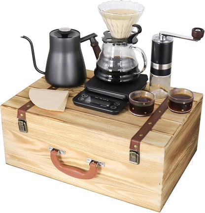 SOTECH Pour Over Manual Coffee Maker Set 2 Cup Coffee Dripper with Wooden Suitcase Coffee Kettle Scale Bean Grinder All In 1 Traveling Camping Hiking