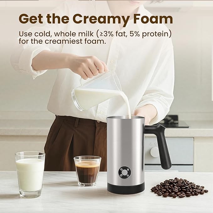 Milk Frother, 4-in-1 Milk Frother and Steamer, 10.6oz Electric Milk Steamer, Automatic Cold and Hot Foam maker for Lattes, Cappuccinos, Ceramic Lining Interior, Brushed