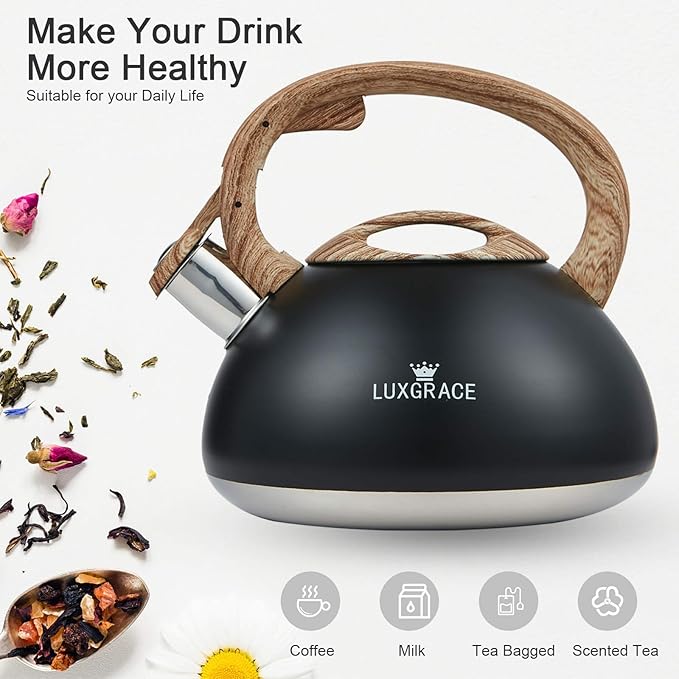 s-p Whistling Tea Kettle Stainless Steel Teapot, Teakettle for Stovetop Induction Stove Top, Fast Boiling Heat Water Tea Pot 2.2 Quart(Black)