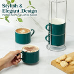 Load image into Gallery viewer, 10 Ounce Green Porcelain Stackable Cappuccino Cups with Stainless Steel Holder, Set of 4, Durable Ceramic, Perfect for Home, Office or Gift