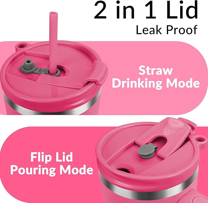 WETOWETO 40oz Tumbler with Handle | Insulated Stainless Steel Travel Mug | 34Hrs Cold & 10Hrs Hot Retention | 100% Leakproof Lid & Straw | Dishwasher Safe + Car Cup Holder Fit (Bright Pink)