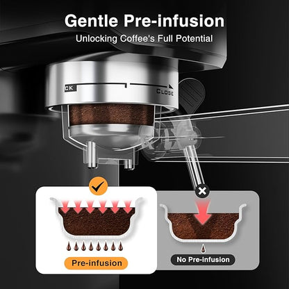 Crzoe Espresso Machine 20 Bar, Compact 1350W Espresso Maker with Steam Milk Frother, Semi-Automatic Coffee Machine, Fast Heating, for Cappuccino, Latte, 1.2L Removable Water Tank (Stainless Steel