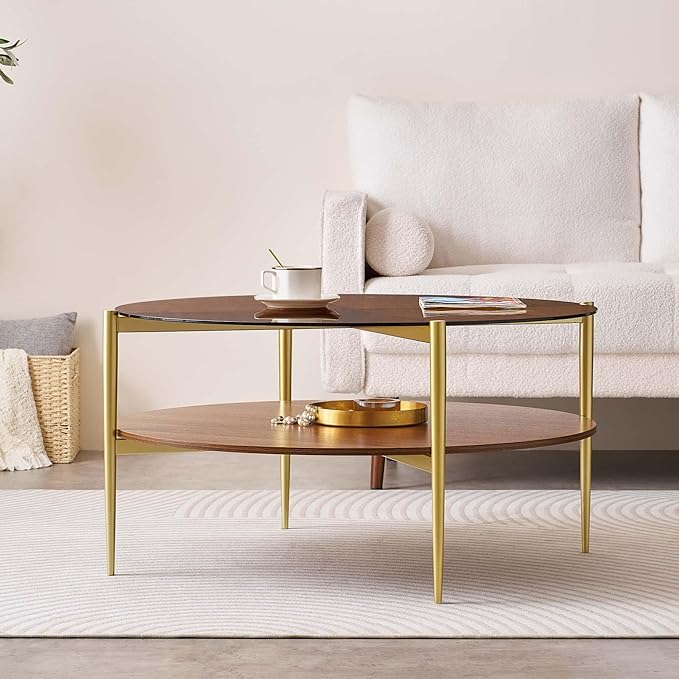 Extra Large Round Coffee Table, Mid-Century Modern Design, D34 x H17 in, for Living Room, 2-Tier Structure, Amber Glass Top and Walnut MDF Shelf, Sleek Conical Metal Legs with Gold Finish