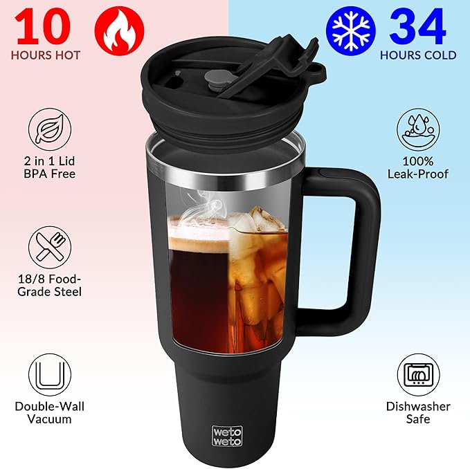 WETOWETO 40oz Tumbler with Handle and Lid | 100% Leakproof Insulated Stainless Steel Travel Mug | Keeps Cold 34Hrs/Hot 10Hrs | Dishwasher Safe, Fits Car Cup Holder (Midnight Black Color)
