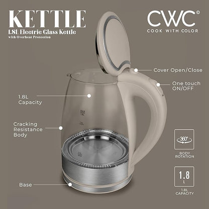 COOK WITH COLOR Electric Tea Kettle, 1.8L Cordless Hot Water Boiler, 1200W Rapid Boil, Auto Shutoff & Boil Dry Protection, BPA-Free, Sleek Countertop Design, Sand