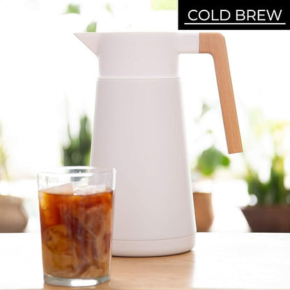 Hastings Collective Thermal Coffee Carafe 68 Oz - Large Stainless Steel Insulated Carafe - 2 Liter Double Walled Vacuum Thermos Coffee and Beverage Dispenser with Tea Infuser and Strainer (White)