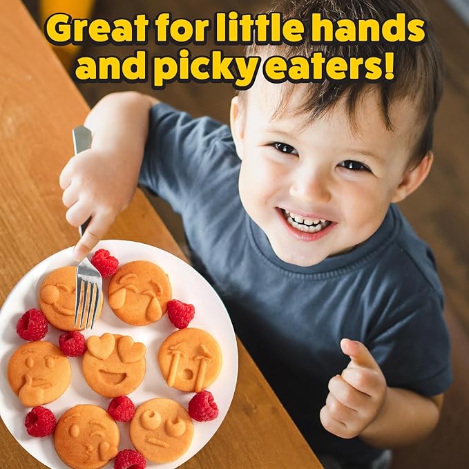 Mini Emojis Waffle Maker for Special Breakfast- Make 7 Unique Smiley Face Waffles Pancakes- Electric Non Stick Iron Feat Kiss Face Heart Eyes & Smile with Recipes, Gift for Her Kids- Licensed by Emoji