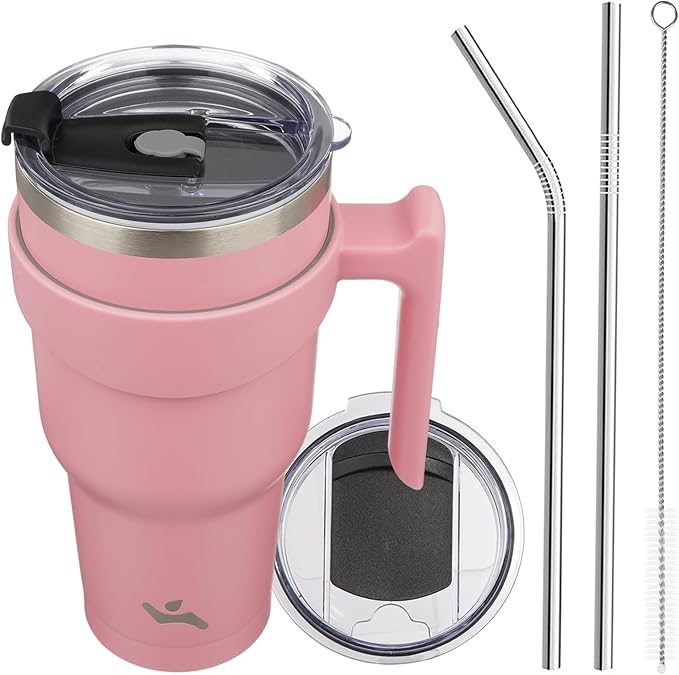 40 oz Tumbler with Handle and 2 Straw 2 Lid, Insulated Water Bottle Stainless Steel Vacuum Cup Reusable Travel Mug, Light Pink