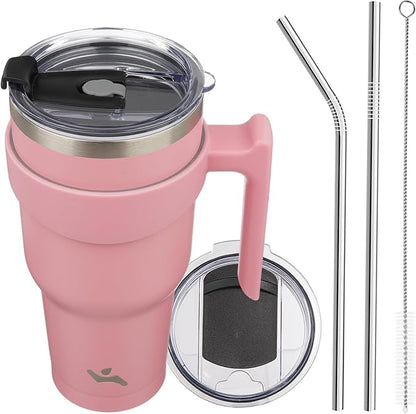 40 oz Tumbler with Handle and 2 Straw 2 Lid, Insulated Water Bottle Stainless Steel Vacuum Cup Reusable Travel Mug, Light Pink
