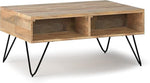 Load image into Gallery viewer, SIMPLIHOME Hunter Small Lift Top Coffee Table - 36 inch Wide Solid Mango Wood and Metal Industrial Cocktail Table in Natural, Living Room Table with Hidden Storage, 2 Cubbies, and Hairpin Legs