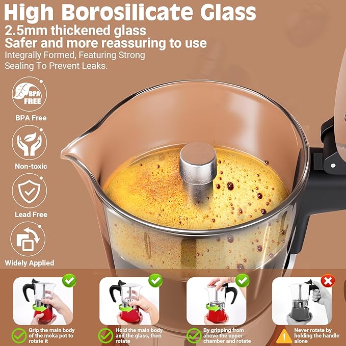 Induction Moka Pot, 6 Cups (10.6 oz) Crystal Glass-Top & Stainless Steel Moka Pot, Classic Stovetop Espresso Maker, Red