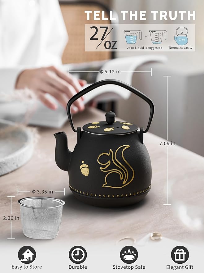 Toptier Teapot with Removable Infuser, Cast Iron Tea Kettle Stovetop Safe, Squirrel Design Tea Pot Coated with Enameled Interior for 32 Ounce (950 ml), Black