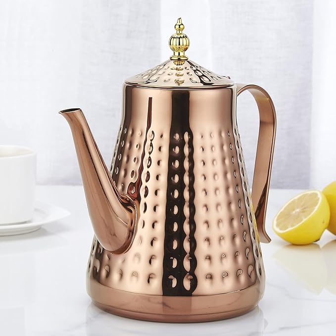 SANQIAHOME 1.8L(60oz) Stainless Steel Hammer Patterned Teapot With Removeable Infuser,Loose leaf cover,Copper