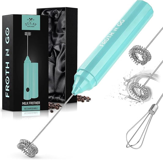 Zulay Kitchen FrothMate Powerful Milk Frother Portable & Compact Handheld Foam Maker Lattes, Cappuccinos (Aqua, Froth N Go)