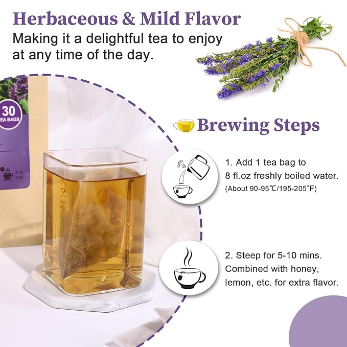FullChea - Hyssop Tea Bags, 30 Teabags, 1.5g/bag - Premium Hyssop - Non-GMO - Caffeine-free - Support Digestion & Promote Relaxation