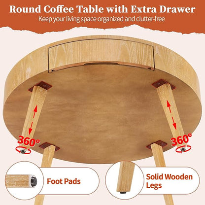 Round Wood Coffee Table for Living Room, Modern Farmhouse with Drawer, Solid Boho Circle Table with 4.5” Thick Tabletop, 31.5" L x 31.5" W x 15.87" H