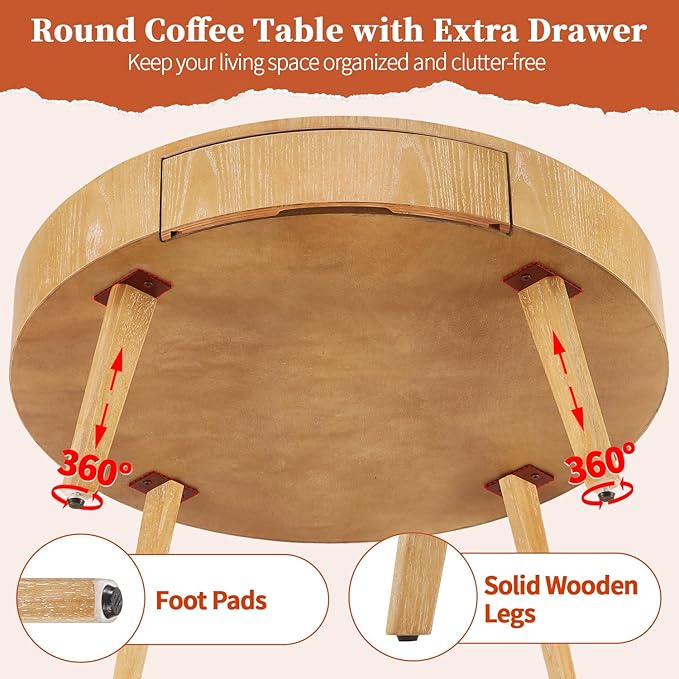Round Wood Coffee Table for Living Room, Modern Farmhouse with Drawer, Solid Boho Circle Table with 4.5” Thick Tabletop, 31.5" L x 31.5" W x 15.87" H