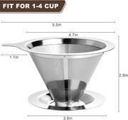 Upgraded Pour Over Coffee Filter, Coffee Dripper, Paperless Mess Stainless Steel Coffee Filter, Maker One to Two Cup, Keeping Nature Coffee Flavour, Easy to Use and Clean (Large)