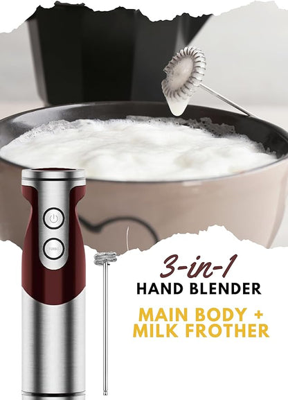 Megawise 3-in-1 Hand Blender – 12-Speed, Includes Powerful Blender Stick, Whisk, and Milk Frother – Easy to Clean and Perfect for Smoothies, and More (Red)