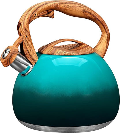 GGC Tea Kettle for Stove Top, 3.1QT/3L Whistling Tea Kettles for Boiling Water Coffee or Milk, Gradient Green Tea Pot with Wood Parttern Handle, Stainless Steel Tea Pot for Home and Kitchen