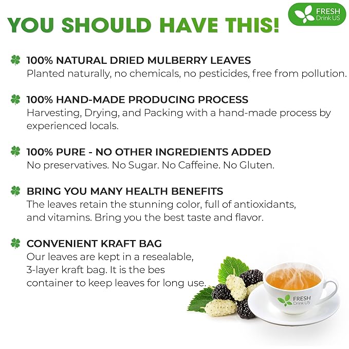 FreshDrinkUS, Permium 16oz Mulberry Leaves, 100% Natural & Pure from Mulberry Leaves, Loose Leaf Herbal Tea, No Additives, No Caffeine, Vegan
