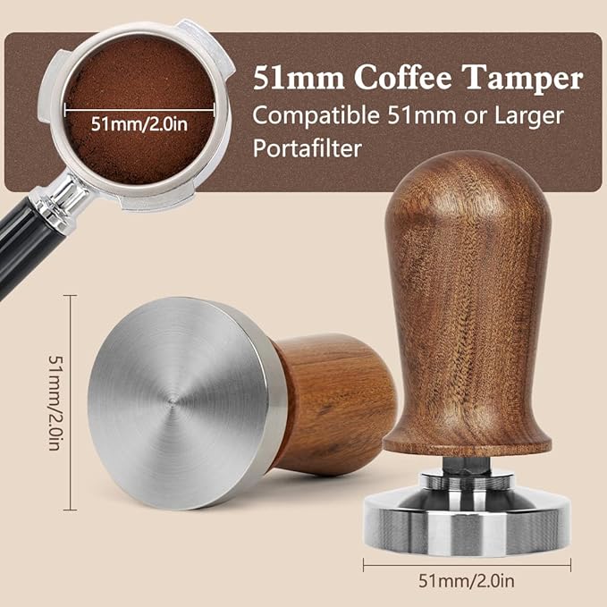 Y-Step 51mm Espresso Tamper Set, 30 lb Consistent Pressure Calibrated Coffee Tamper with Spring Loaded, Silicone Mat, Coffee Stirrer Espresso Distribution Tool, Wooden Barista Kit for Espresso Machine