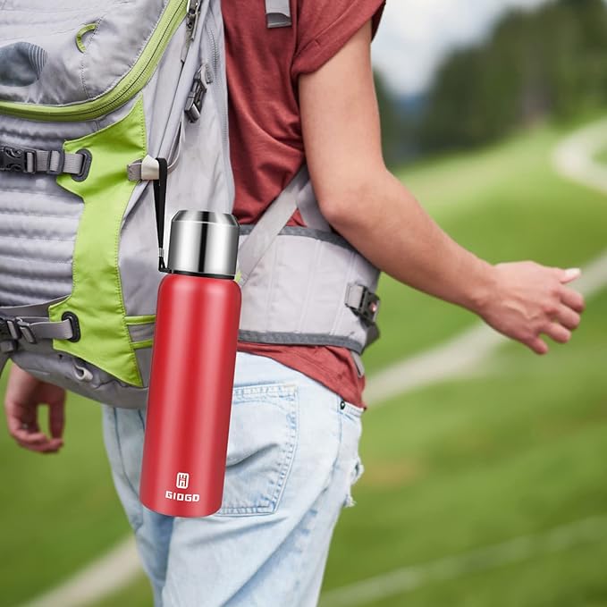 Insulated vacuum Thermo Bottle 750ml/25.4oz with cup Stainless steel coffee bottles for hot and cold drink water flask.(Red,750ml)