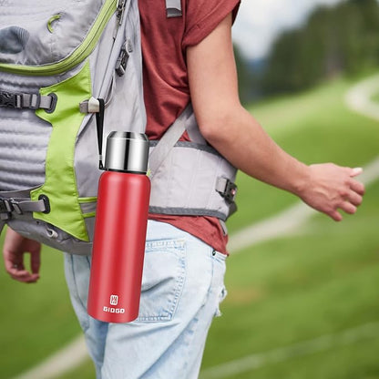 Insulated vacuum Thermo Bottle 750ml/25.4oz with cup Stainless steel coffee bottles for hot and cold drink water flask.(Red,750ml)