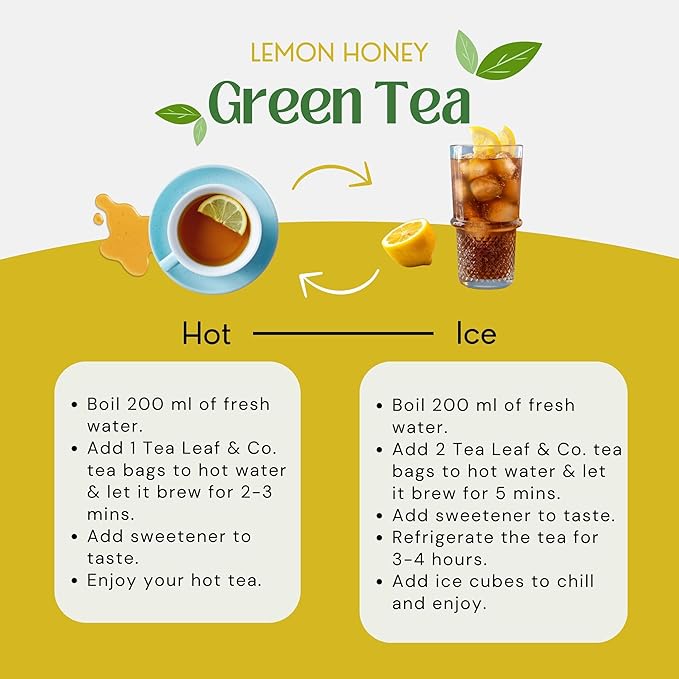 Tealeaf & Co. Honey Lemon Green Tea with Lemon & Honey Extract, Lemongrass, Licorice & Chamomile - Organic Green Tea Bags with Fresh Herbs and Spices - 100 Teabags (7.055oz/200gm)