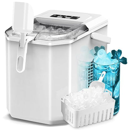 ZAFRO Countertop Ice Maker, 26.5Lbs/24H, 9 Bullet Cubes in 6 Mins, Self-Cleaning Portable Ice Machine with 2 Ice Sizes (S/L), Quiet Compact Design, Double Handles, for Home, Party, RV, Camping, White