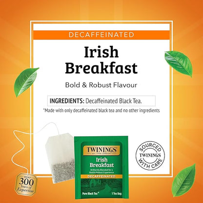Twinings Decaffeinated Irish Breakfast Black Tea Individually Wrapped Bags, 20 Count (Pack of 6), Flavourful, Robust, Enjoy Hot or Iced, 120 Teabags