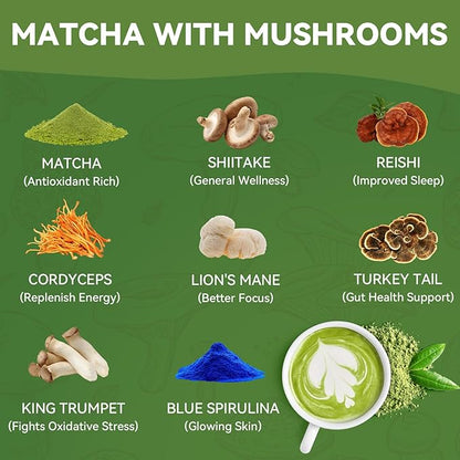 Mushroom Matcha Blend with 6 Adaptogen Mushrooms & Ceremonial-Grade Matcha Powder - Boosts Energy, Focus, Digestion, Immunity (30 Servings)