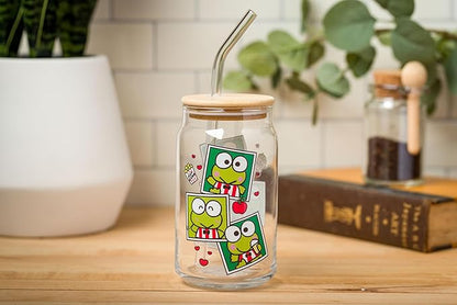 Silver Buffalo Sanrio Hello Kitty and Friends Keroppi Polaroids Glass Jar Tumbler with Bamboo Lid and Glass Straw, 16 Ounces