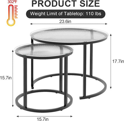 aboxoo Gold Nesting Coffee Table Set of 2, Small Glass Round Nesting Tables for Living Room Bedroom, Accent Tea Table with Black Metal Frame Modern Industrial Simple