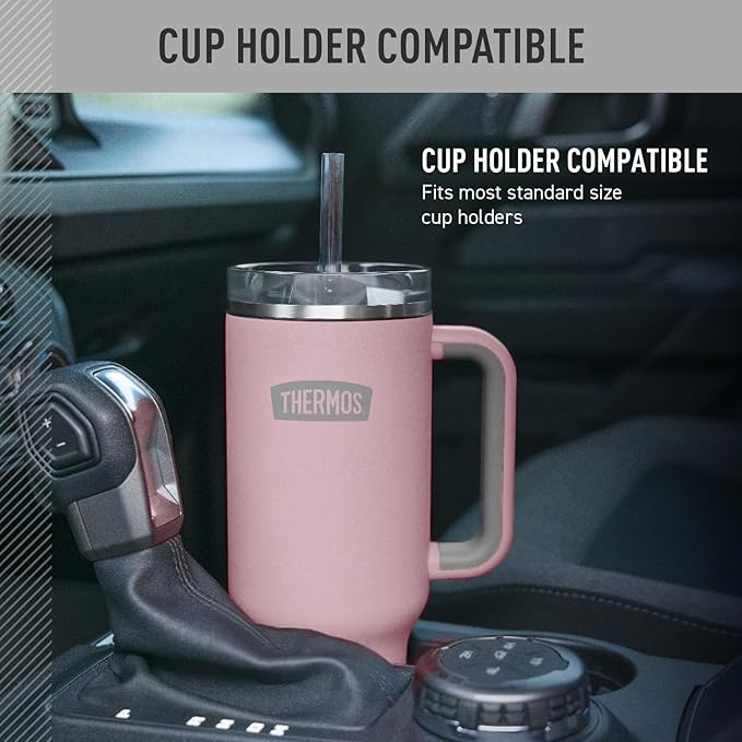 THERMOS Stainless Steel Cup Holder Mug - 40 Ounce, Sunset Pink - Insulated Tumbler with Lid and Straw, Plus Leak-Resistant Slide Lock