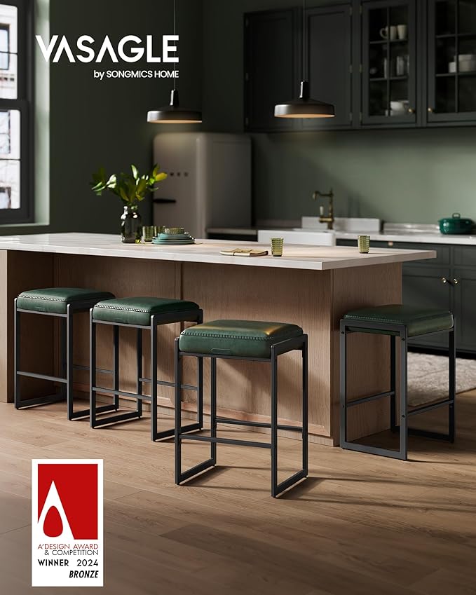 VASAGLE EKHO Collection - Bar Stools Set of 2, Counter Height Bar Stools, Synthetic Leather with Stitching, Mid-Century Modern Counter Stools, 26-Inch Tall, Kichen Home Bar Dining Room, Forest Green
