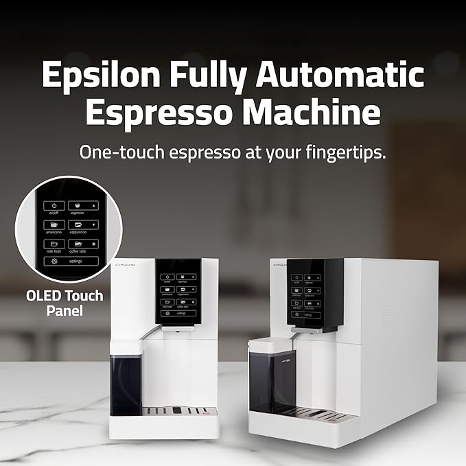 Epsilon Fully Automatic Coffee Machine, Modern One Touch Espresso Machine, Integrated Milk Frother and Custom Brewing Cafe Maker, Compact Countertop Size, Self Cleaning Cafetera (White)