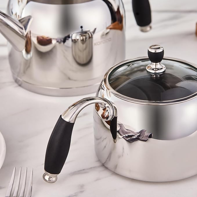 Karaca Stella Stainless Steel Turkish Teapot Set XL, 1L Tea Pot & 2L Water Tank (Kettle), Stove Top/Induction Compatible, Elegant Silver Color, Easy to Clean, Heat-Resistant Handles