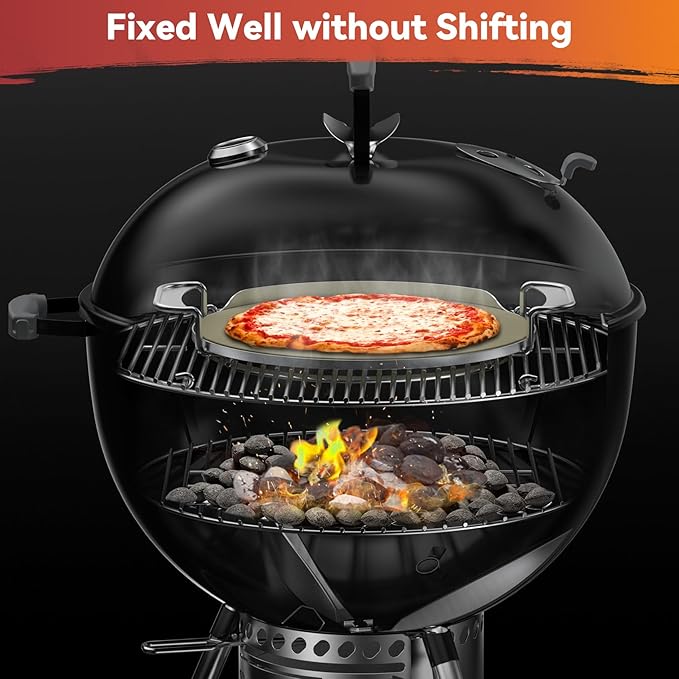 Skyflame Gourmet BBQ System Pizza Stone, 13-inch Baking Stone with Stainless Steel Carry Rack, Compatible With Weber 8836, Kettle Charcoal/Smoke/Gas/Ceramic Grills, Pizza Oven
