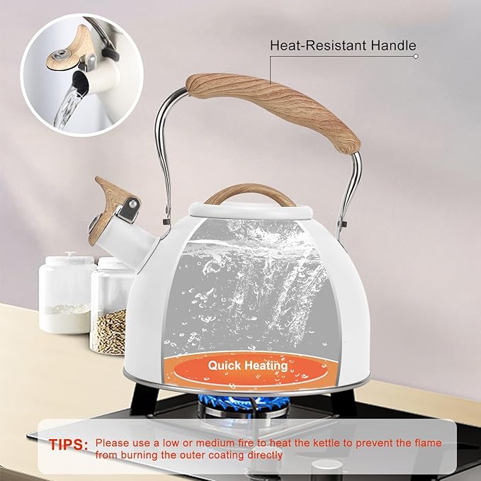 Tea Kettle, Vegoran 100 OZ / 3 Liter Whistling Tea Kettle, Tea Pots for Stove Top Food Grade Stainless Steel with Wood Pattern Folding Handle, Loud Whistle Kettle for Tea, Coffee, Milk (White)