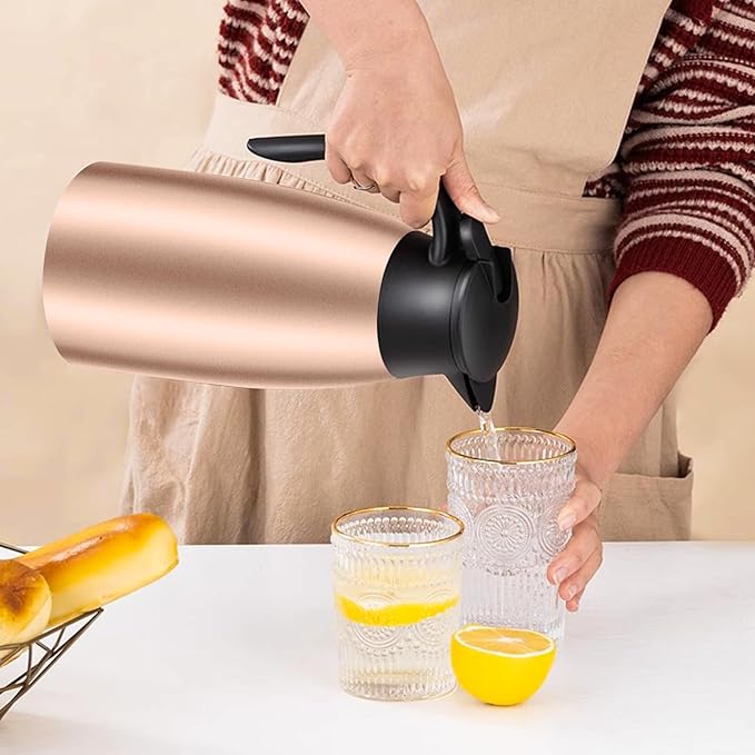 1 PCS 68 OZ Thermal Coffee Carafe, Insulated Stainless Steel Coffee Carafe Double Walled Vacuum Thermal Pot Flask with Brushes Thermos for Keeping Hot Coffee Tea Home and Office (Gold）