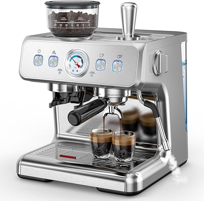COWSAR Espresso Machine 15 Bar, Semi-Automatic Espresso Maker with Bean Grinder & Milk Frother Steam Wand, 75 Oz Removable Water Reservoir, Self-Cleaning, Ideal for Cappuccino/Latte, Stainless Steel