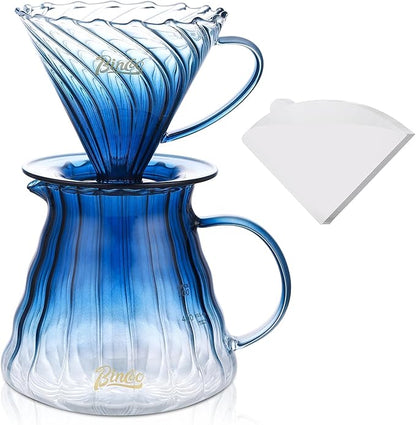 Bincoo Pour Over Coffee Maker Set with Dripper Size 02,600ml Glass Coffee Server Set,60 Angle Tapered Glass Coffee Dripper with Stand&Filter Paper for Home Office Gift (Blue)