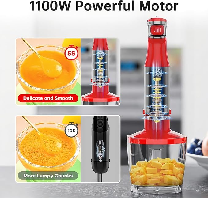 Immersion Blender Handheld Corded Hand Blenders Set 1100W, Trigger Variable Speed 5 in 1 Stick Emulsifier with Chopper, Whisk and Frother for Soup, Baby Food and Smoothies, Red