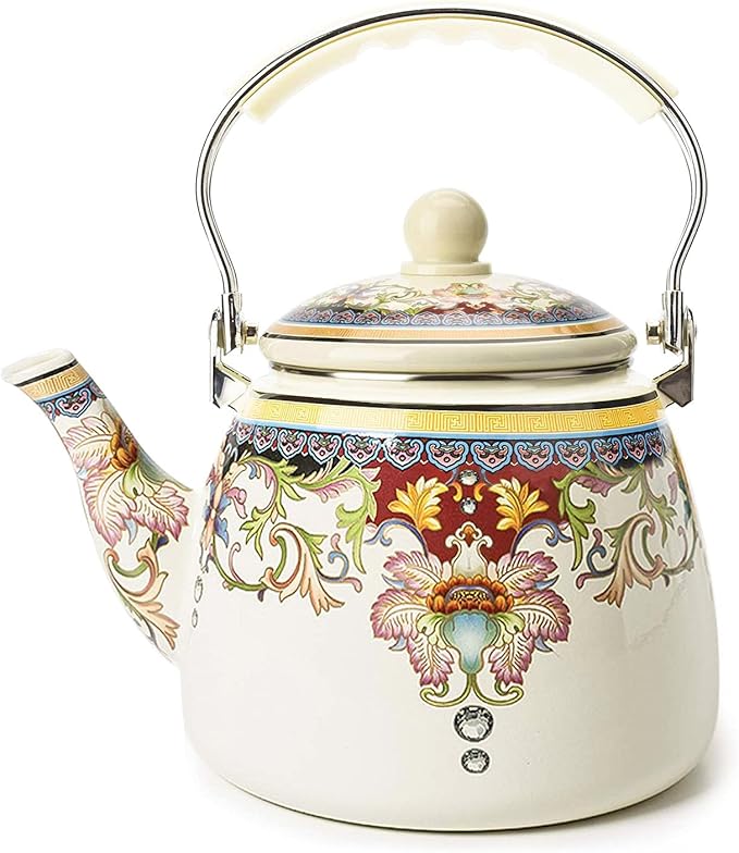 Floral Ceramic Enamel Teapot Tea Kettle for Stovetop,Large Porcelain Enameled Teakettle (3.3QT Mystery flower)