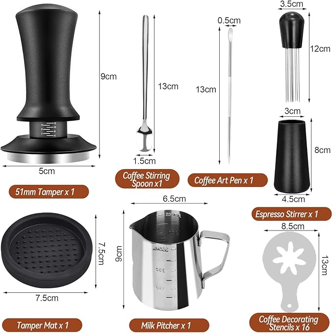 22 PCS Coffee Tamper Set, Espresso Accessories Barista Kit, with 51mm Espresso Tamper, WDT Tool, Frothing Pitcher(350 ml), Latte Art Pen, Coffee Stirrer, Tamper Mat, 16 Coffee Stencils